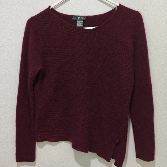 Griffen Cashmere Asymmetrical Sweater Medium Maroon Red Ribbed Long Sleeve - Picture 1 of 6